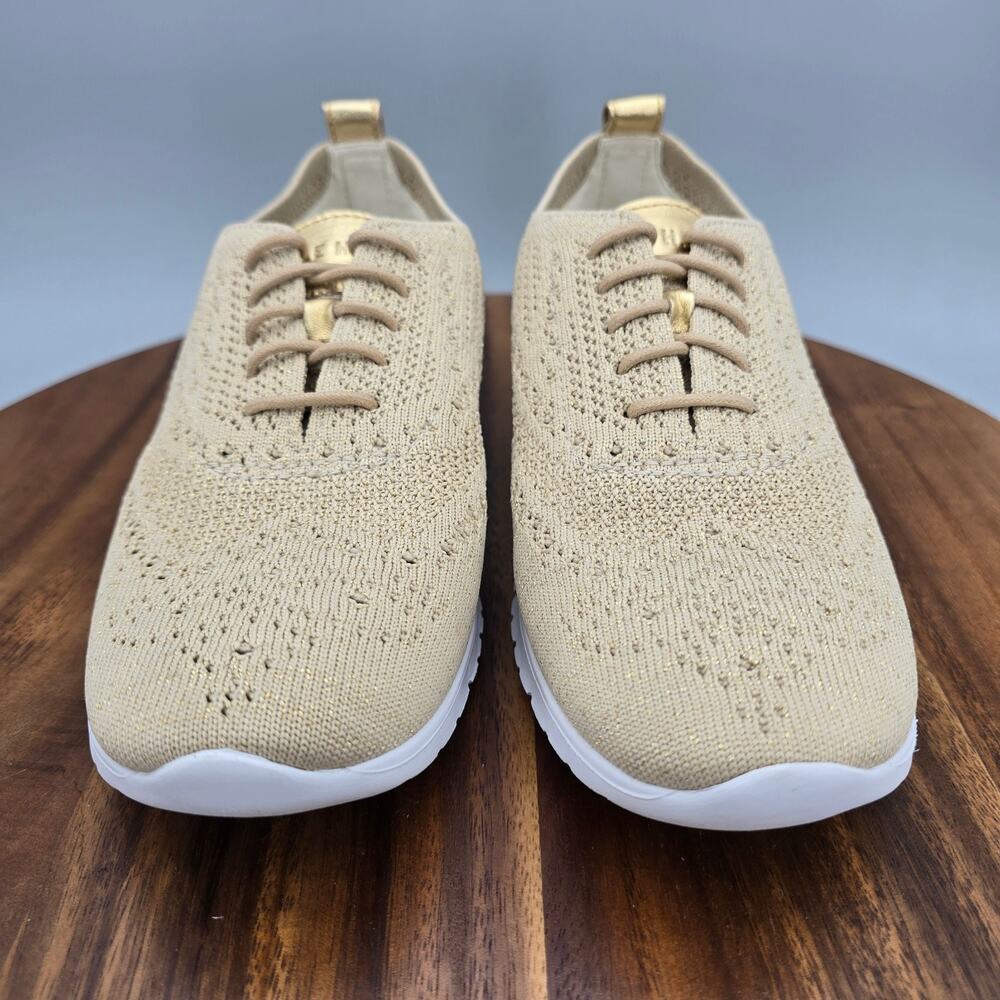 Cole Haan Zerogrand Oxfords Womens 8.5B Beige Gold Stitchlite Knit Wingtip Shoes - Picture 2 of 8